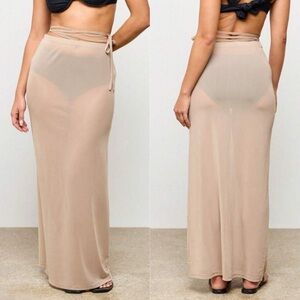 Nude cream mesh semi sheer see through tie wrap maxi swimsuit cover up skirt